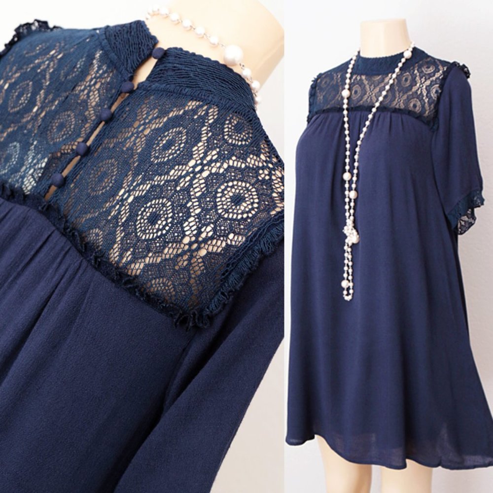Navy Blue Boho Crochet Lace Mock Neck Shift Dress